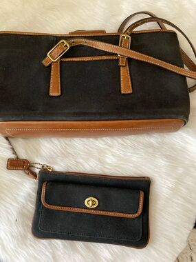 Black and Brown Canvas Shoulder Bag with Matching Wristlet